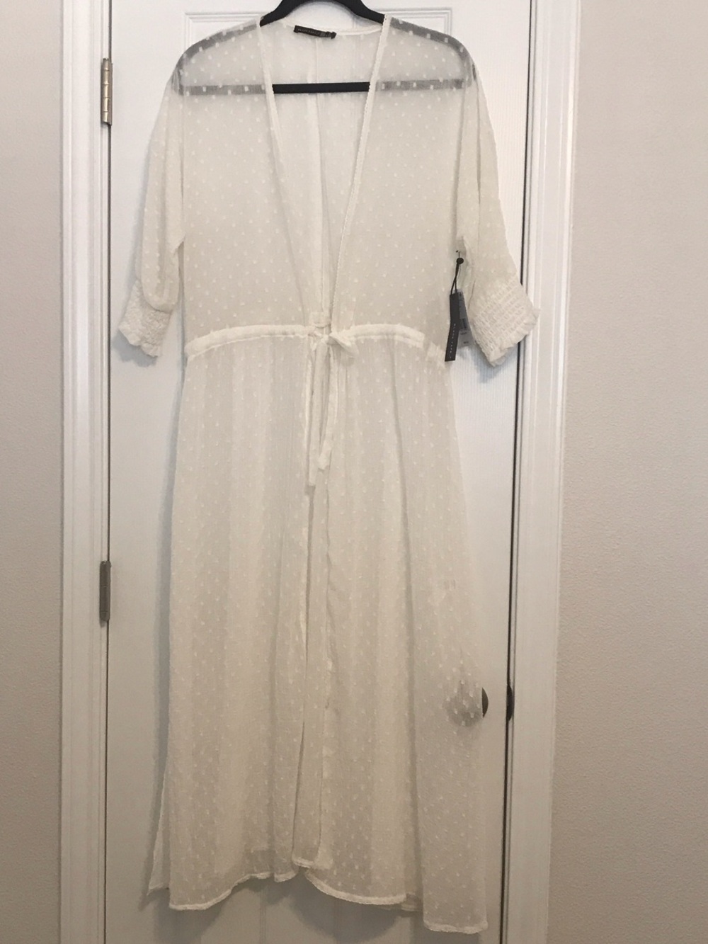 Black Tape White Sheer Dotted Long Tie-Front Kimono